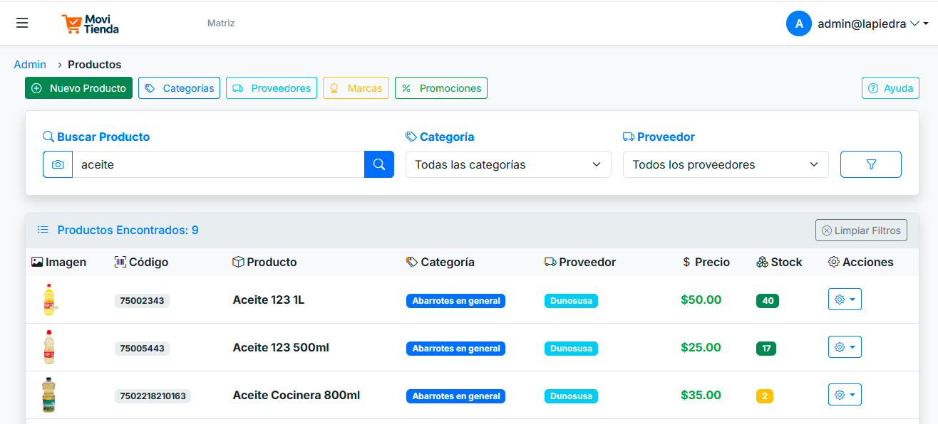 Vista de productos de MoviTienda